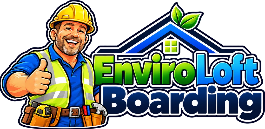 Enviro Loft Boarding logo with friendly installer, roofline and green leaves