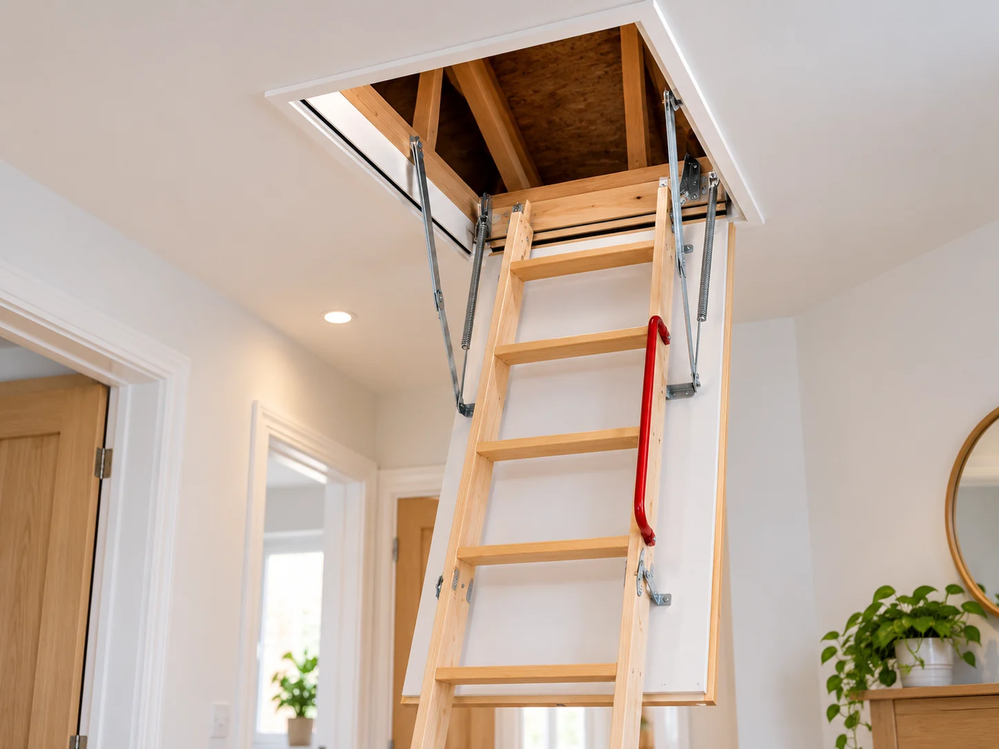 Illustrative folding timber loft ladder descending through a ceiling hatch into the hallway below
