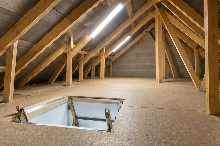 Illustrative LED strip lighting installed within a boarded loft