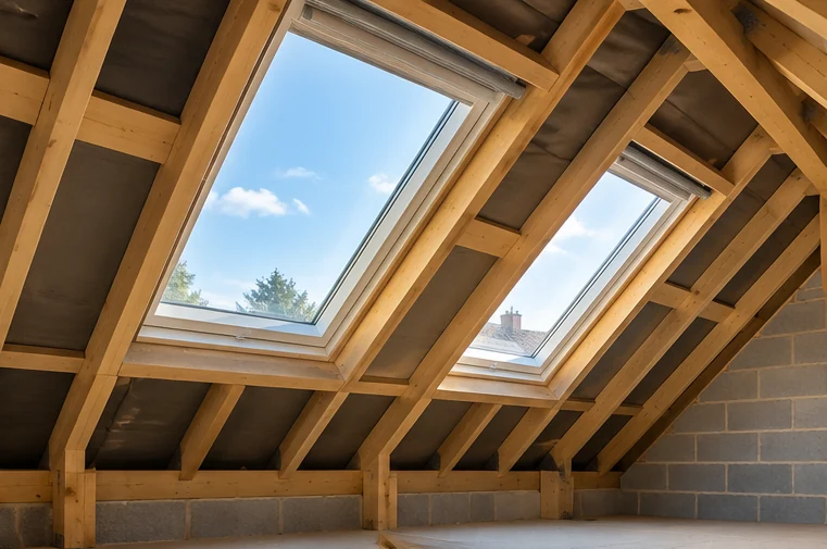 Illustrative roof windows fitted into a pitched loft roof