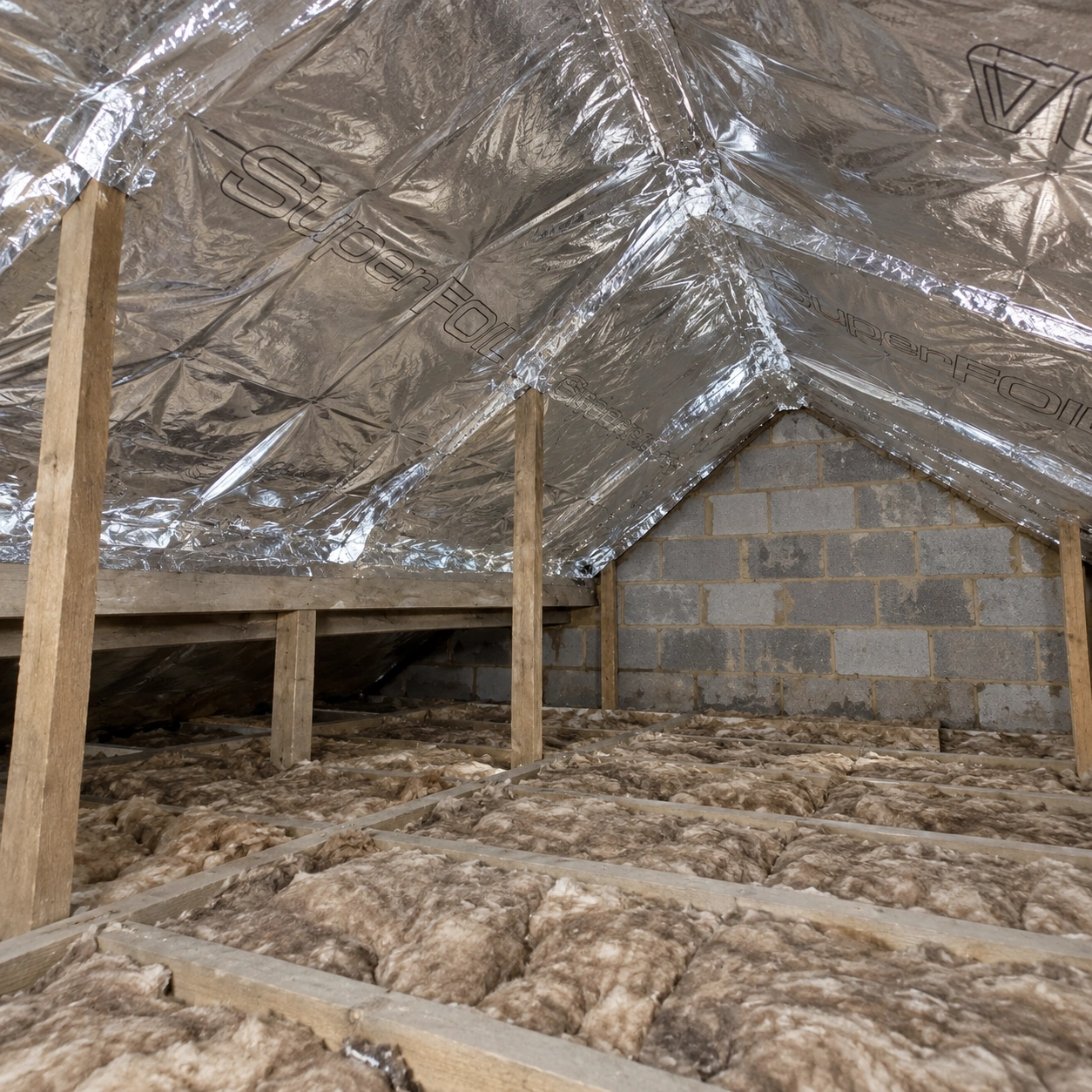 Illustrative reflective multifoil insulation applied to a pitched loft roof, with sealed joints